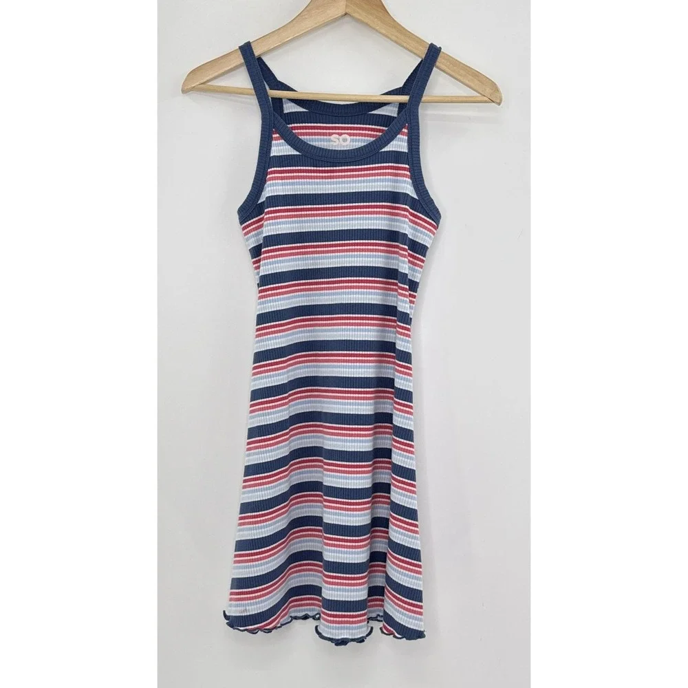 SO Girl's Blue White Red Striped Ribbed Tank Mini Dress Sz L 10/12 Casual Summer